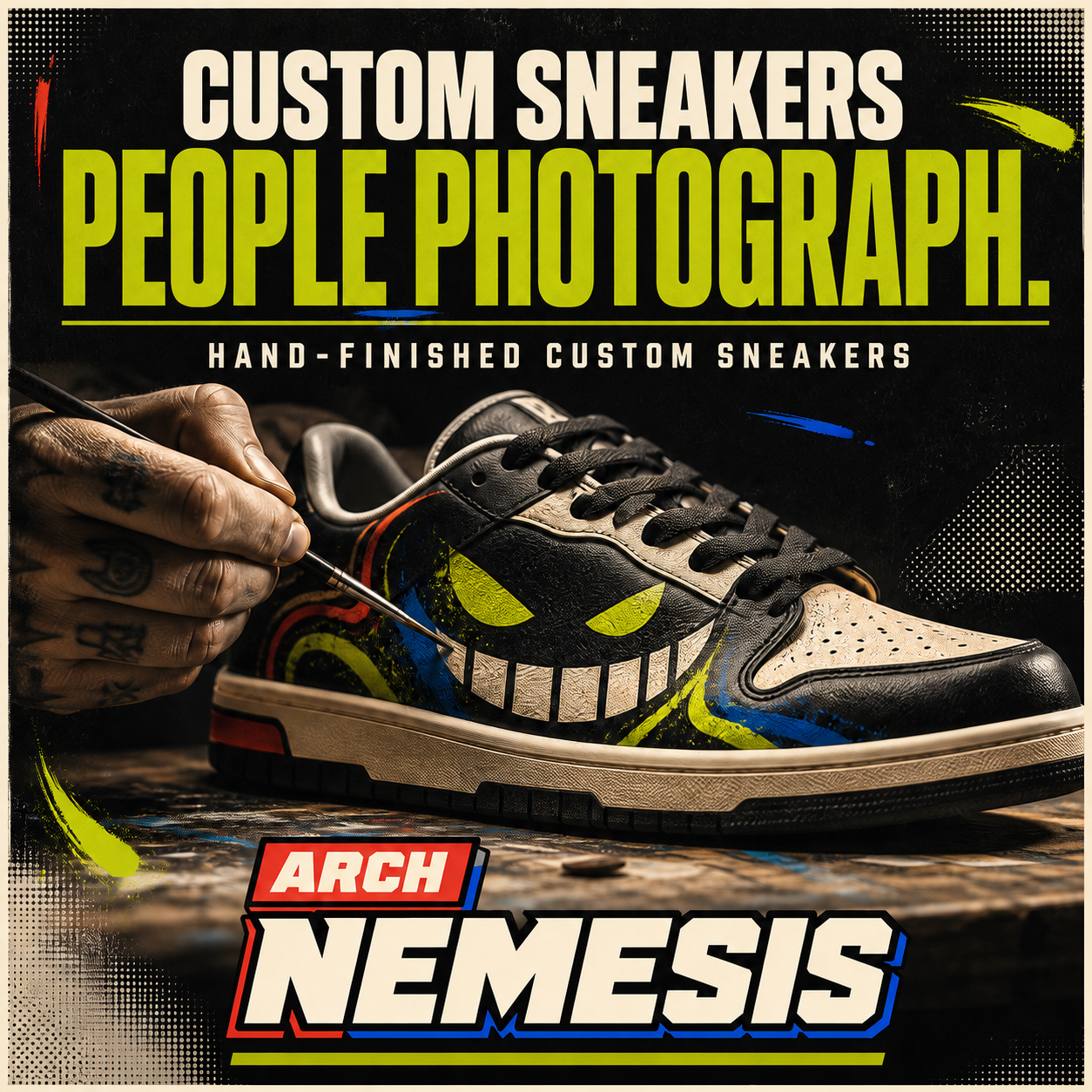 Black and cream hand-finished custom sneaker with bold Arch Nemesis artwork